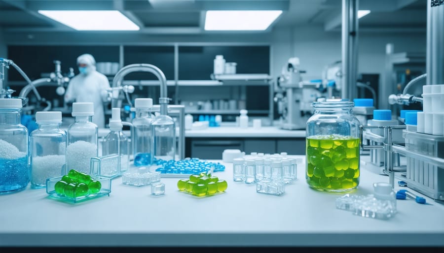 Modern CBD gummy production facility with automated manufacturing equipment and quality testing stations