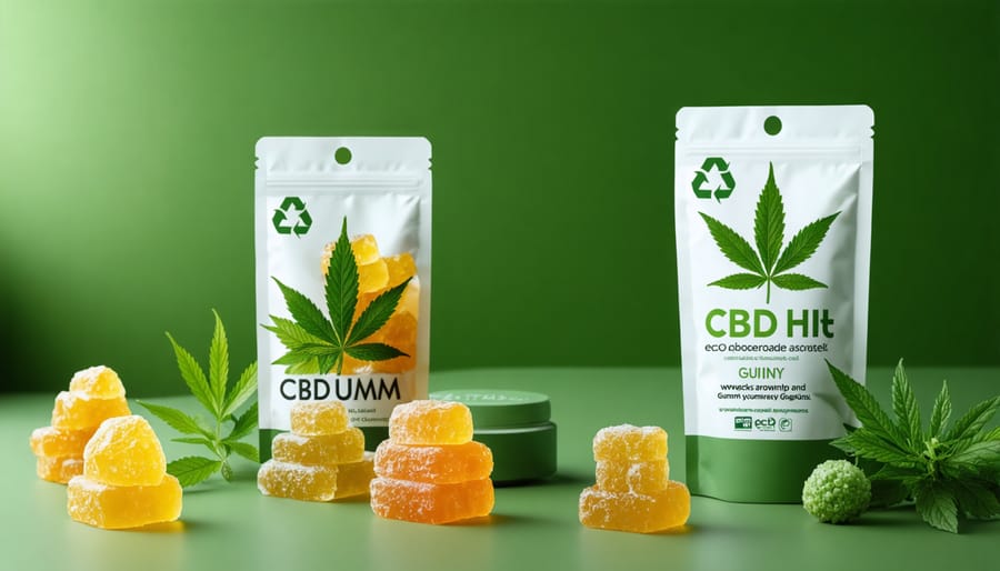 Sustainable packaging solutions for CBD gummies showing biodegradable materials and recycling indicators