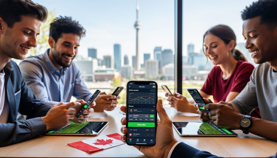 Business professional holding smartphone with sports betting application in modern office setting