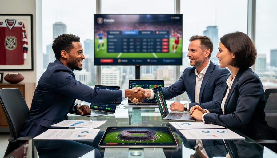 Business team collaborating on technology projects in modern conference room