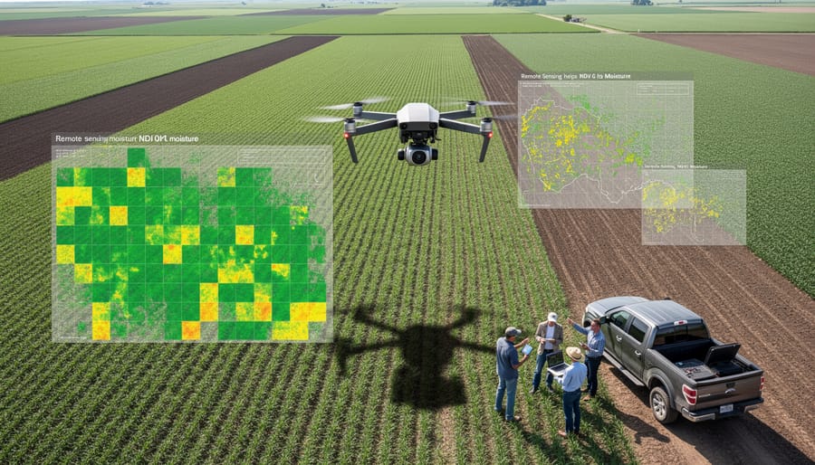 Drone hovering over rows of crops in a farmland landscape