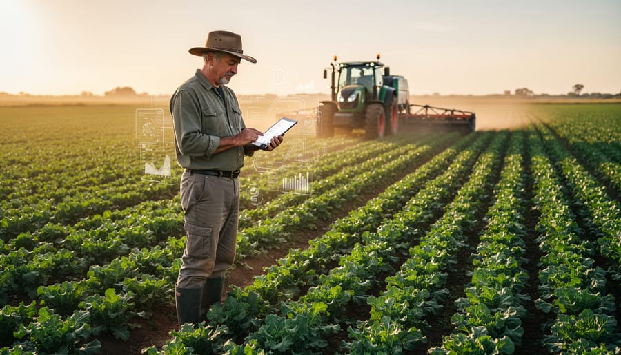 Farmer holding a tablet in a crop field beside GPS-guided farm equipment