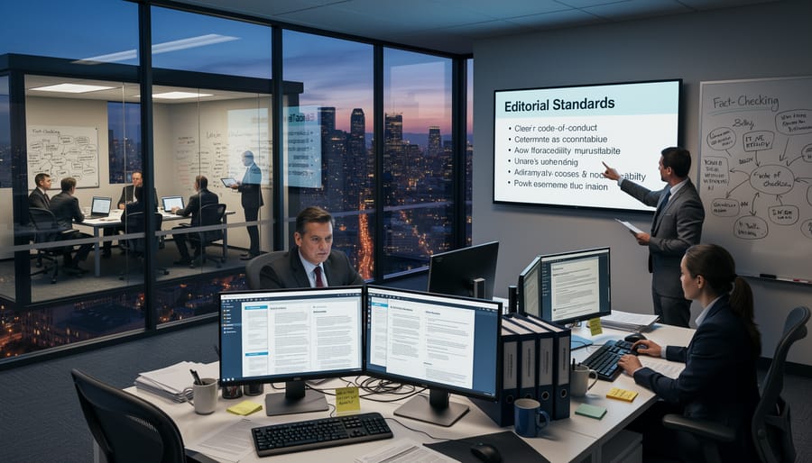 Reflections in a newsroom glass wall at dusk with city lights behind