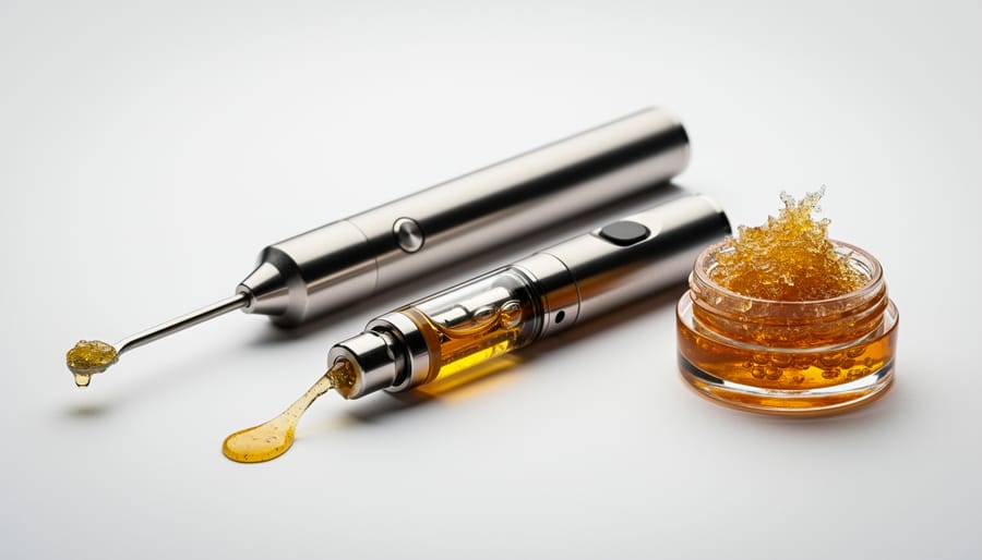 Sleek cannabis vape cartridge and disposable vape pen beside amber cannabis oil on a stainless-steel surface