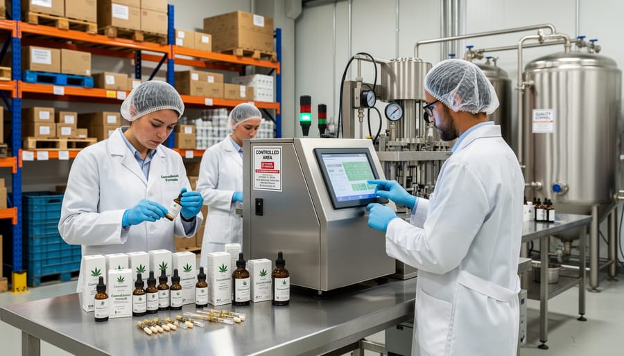 Technician in a cannabis production facility holding sealed vape hardware packaging with stainless equipment behind