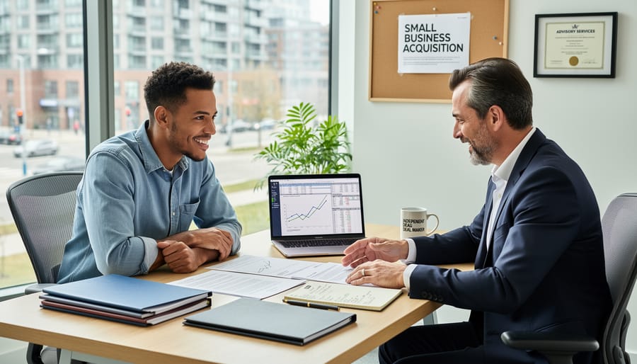 Independent buyer and advisor reviewing business folders at a wooden table in a small office