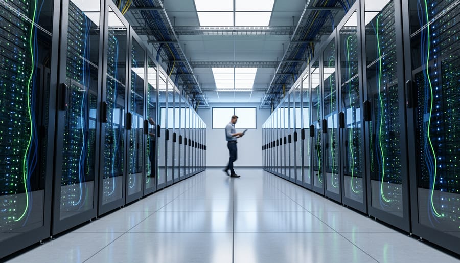 A low-angle view of server racks and patch cables in a data center with crisp detail and cool lighting.