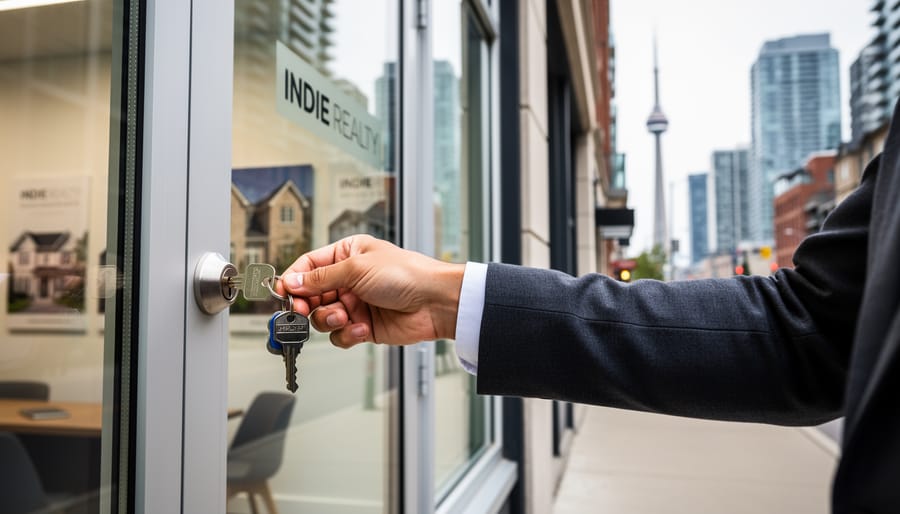Hand unlocking a small business storefront door at golden hour