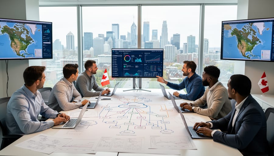 Innovation team viewing glowing server racks behind a glass partition in a modern office setting