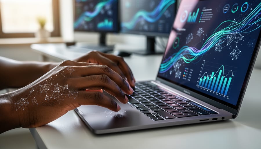 Close-up of a data scientist adjusting controls beside a laptop with abstract, non-readable glowing visuals