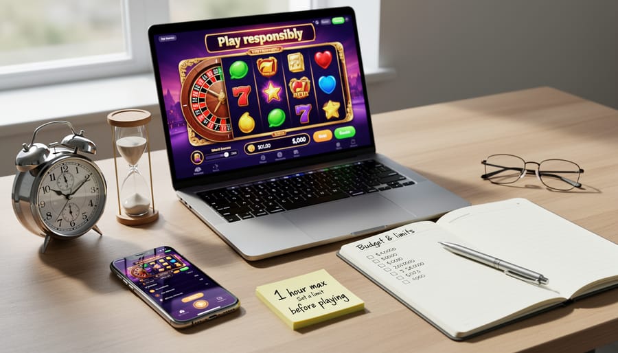 Person at a kitchen table holding a phone while an hourglass and a coin jar sit nearby to suggest mindful gambling limits.