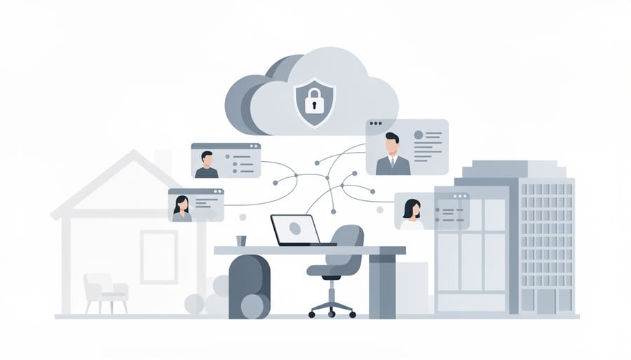 Hybrid workplace with a desk setup near a window and a blurred meeting group visible through a glass wall