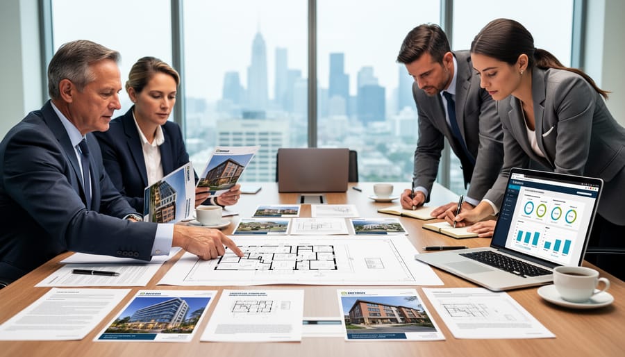Business owner reviewing commercial property documents beside a laptop at a desk