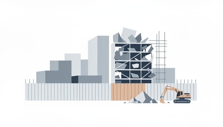 Protective-fenced industrial site with construction debris suggesting redevelopment activity