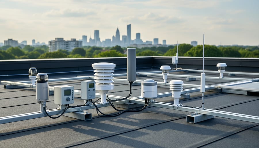 Roof sensor array for environmental monitoring with blurred industrial and natural scenery in the background