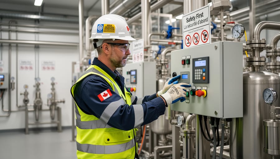 Power engineer in flame-resistant coveralls working inside a Canadian industrial plant on a platform near equipment and control panels.