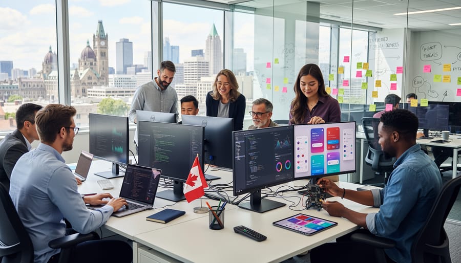 Engineers collaborating in a modern Canadian technology office with natural daylight and blurred background equipment