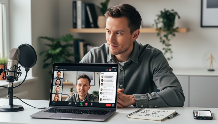 Founder holding a phone while preparing an online discussion on a laptop in a coworking space