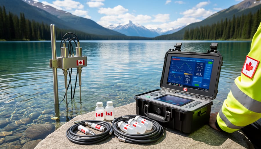 Freshwater river with research buoy and visible sensors near the shoreline during golden hour