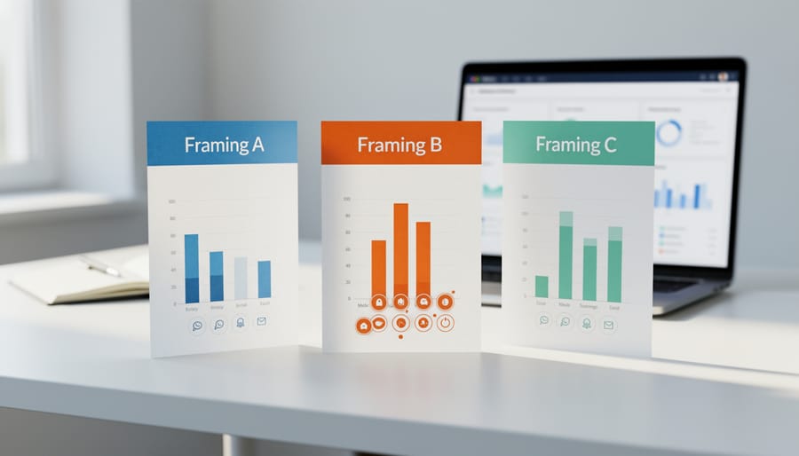Two people comparing abstract concept cards on a table during messaging evaluation